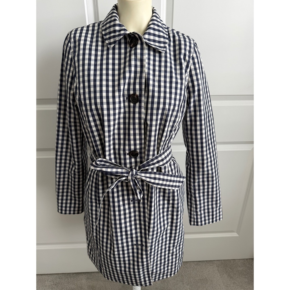 Talbots Navy Blue Gingham Trench Coat Belted Button Front Jacket Small